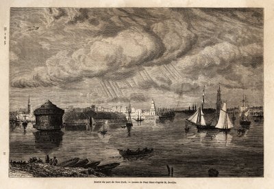 La entrada al puerto de Nueva York, dibujo de Paul Huet (1803-1869), para ilustrar los viajes a América del Norte en 1854-1855, de L. Deville. Grabado en 