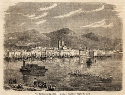 Vista de Montreal, dibujo de Paul Huet (1803-1869), para ilustrar los viajes a América del Norte en 1854-1855, por L. Deville. Grabado en “Le tour du monde” 1861. Colección Selva. de Paul Huet