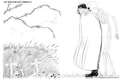 La muerte diciéndole al Kaiser Wilhelm que nunca comerá pan hecho con trigo cultivado en los cadáveres y tumbas de los soldados franceses, 13 de abril de 1916 de Paul Iribe