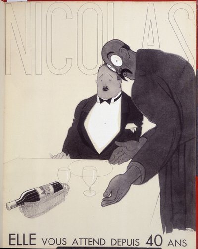 Ella te ha estado esperando durante 40 años. El camarero de un restaurante se dirige a un cliente diseñando una botella de vino. - anuncio para Nicolas, dibujo de Paul Iribe (1883-1935) de Paul Iribe