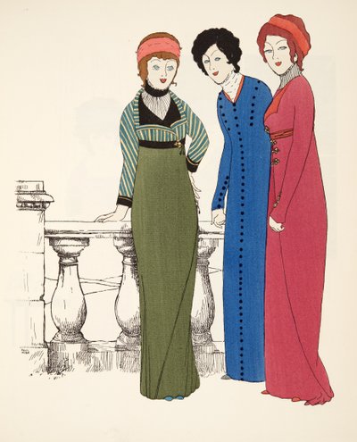 Tres abrigos de noche de línea imperio de Les Robes de Paul Poiret pub. 1908 de Paul Iribe
