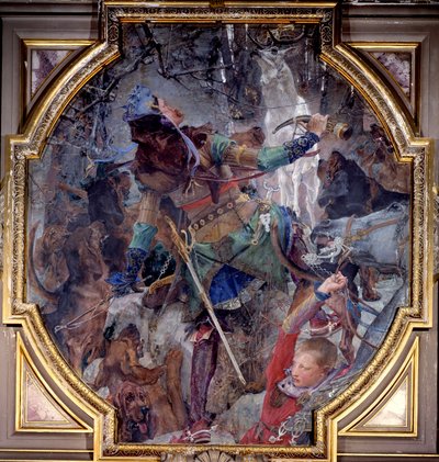 La visión de San Huberto, quien al ir de caza en un bosque, ve milagrosamente a Dios apareciendo en forma de ciervo. Lienzo marouflé por Paul Jacques Aimé Baudry (1828-1886) 1882 Sol. 2,3x2,06 m Chantilly, Museo Condé de Paul Jacques Aimé Baudry