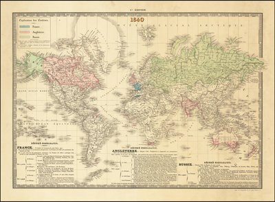 Mapa francés del mundo de 1840 con los territorios de los imperios británico, francés y ruso de Paul Kaeppelin