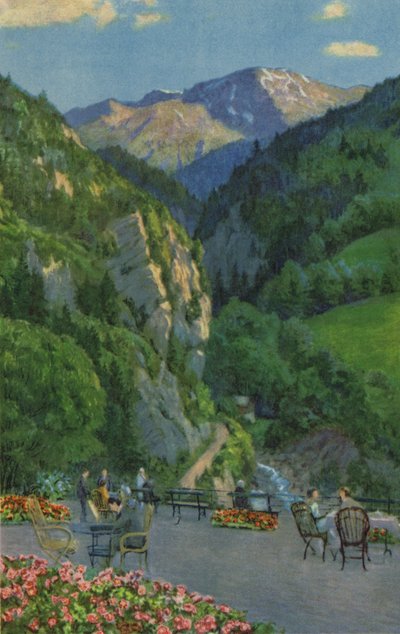 Balnearios suizos: Passugg, Kurhaus Garden Terrace (litografía en color) de Paul Kutscha