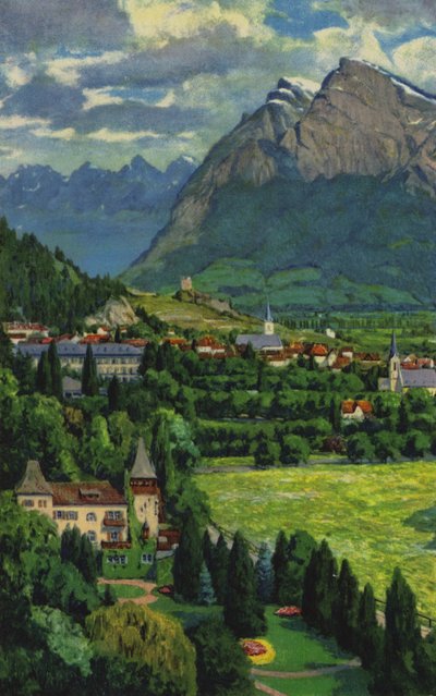 Balnearios suizos: Ragaz, con Churfirsten y Gonzen (litografía en color) de Paul Kutscha