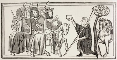 Un mensajero llega con un mensaje para un rey que está al frente de su ejército. Según una ilustración del siglo XIII. de Paul Lacroix