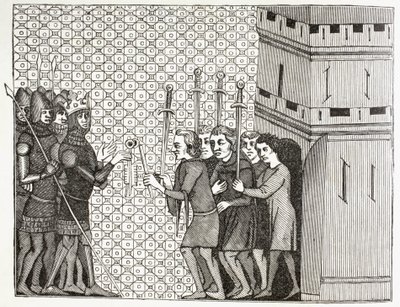 Tras la captura de una ciudad en el siglo XIV, la guarnición se rinde y se entrega a la misericordia de sus captores. Según una miniatura del siglo XIV de Histoire Du Monde. de Paul Lacroix