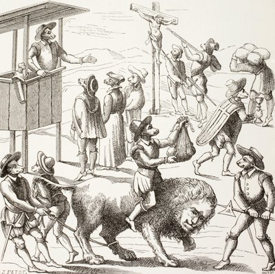 Cuadro alegórico de los excesos cometidos por los hugonotes. El león manso representa una Francia reducida por los herejes y sus prácticas. de Paul Lacroix