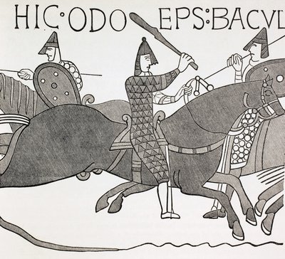 El obispo Edues sosteniendo su bastón de mando y animando a los soldados del duque de Normandía en la batalla de Hastings. Según un detalle del tapiz de Bayeux. de Paul Lacroix