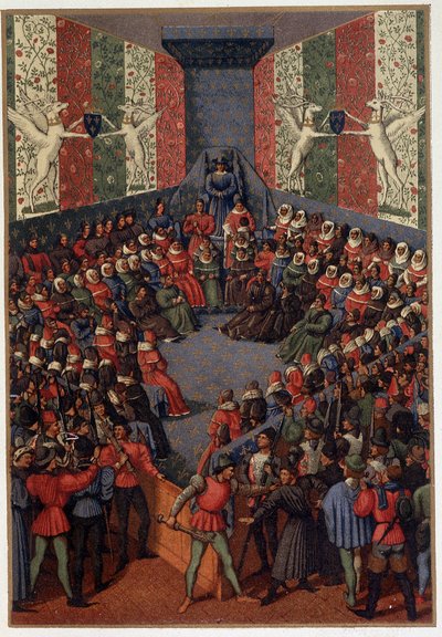 Carlos VII presidiendo el juicio de Juan, Duque de Alençon (aliado de los ingleses) en Vendôme en 1458 - según la miniatura de Fouquet, en "Vida militar y religiosa en la Edad Media y la era del Renacimiento" por Paul Lacroix, París de Paul Lacroix