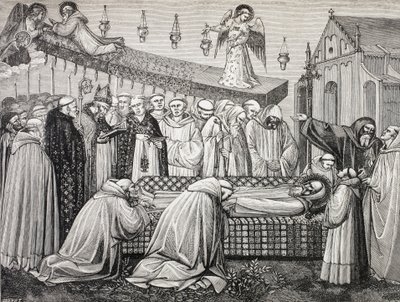 Muerte de San Benito de Nursia o San Benedetto Da Norcia, 480-547, en la abadía de Monte Cassino. de Paul Lacroix