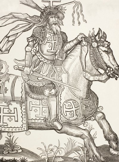Godofredo de Bouillon, C. 1060 - 1100, Caballero franco medieval. Líder de la Primera Cruzada. Aquí se le ve coronado con los instrumentos de la Pasión de Cristo. Según una xilografía del siglo XV. de Paul Lacroix