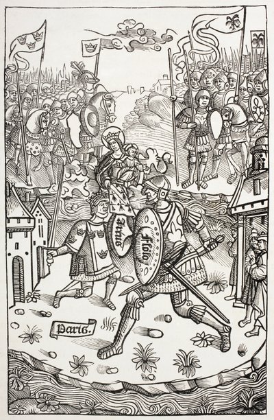 El rey Artus, o Arturo, protegido por la Virgen, luchando contra un gigante. Según una xilografía de Chroniques de Bretagne, de Alain Bouchard, publicada en 1514. de Paul Lacroix