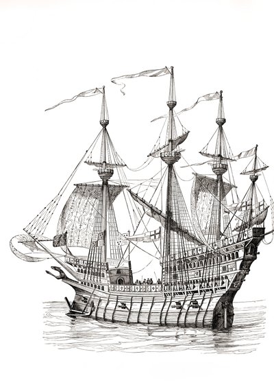 Hombre de guerra que transportó al rey Enrique VIII de Inglaterra a Francia en 1520 para su encuentro con el rey Francisco I en el Campo del Paño de Oro. Según un dibujo de Holbein. de Paul Lacroix