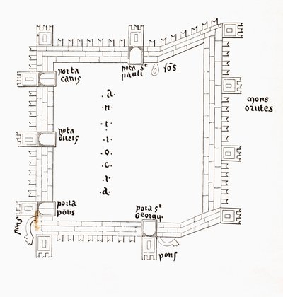 Plano de la Antioquía del siglo XIII con sus cinco puertas. Según un manuscrito del siglo XIII. de Paul Lacroix