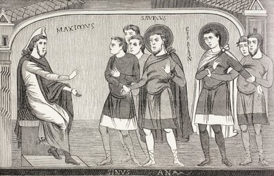Los santos Savino y Cipriano confiesan al procónsul Galerio Máximo que son cristianos. Según un fresco del siglo XI en la iglesia de San Savino, Vienne, Francia. de Paul Lacroix