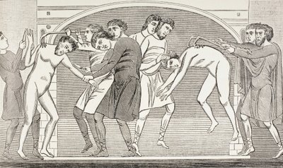 Santos Savin y Cipriano con la carne arrancada de sus cuerpos por ganchos de hierro. Según un fresco del siglo XI en la iglesia de San Savino, Vienne, Francia. de Paul Lacroix