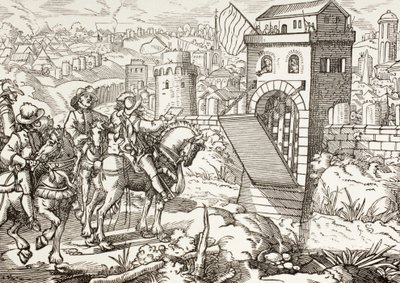 Asedio a una ciudad. El ejército asediador lee las condiciones para que la ciudad se rinda y abra las puertas. de Paul Lacroix