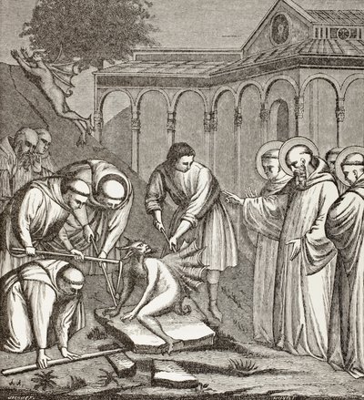 San Benito y el Diablo. Cuando San Benito estaba construyendo una capilla, el diablo se sentó en una piedra y nadie pudo moverlo hasta que San Benito bendijo la piedra. Entonces el Diablo emprendió el vuelo. de Paul Lacroix