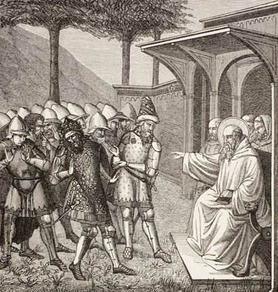 San Benito de Nursia reprocha a Baduila, alias Totila, rey de los ostrogodos, haberle engañado y predice su muerte. de Paul Lacroix