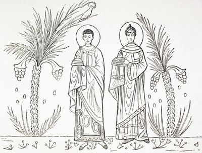 Santa Cecilia y su marido Valeriano. Según un mosaico del siglo III o IV conservado en la iglesia de Santa Cecilia, Roma. de Paul Lacroix