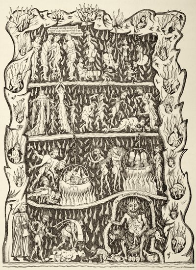 Los tormentos del infierno. De una miniatura de un manuscrito del siglo XII destruido tras un incendio en la biblioteca de Estrasburgo durante un bombardeo prusiano. de Paul Lacroix