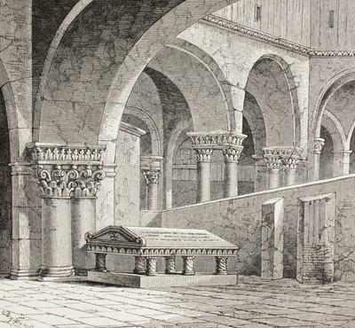 Tumba de Godofredo de Boullón, 1060-1100, tal y como existía en la iglesia del Santo Sepulcro de Jerusalén. La tumba está destruida. Según un dibujo realizado in situ en 1828. de Paul Lacroix