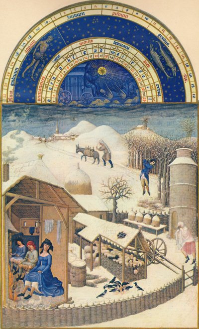Febrero - aldea bajo la nieve, siglo XV, 1939 de Paul Limbourg
