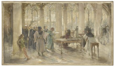 Boceto para la sala del Tribunal de Comercio de París: Le livre des métiers, hacia 1891 (lápiz, óleo sobre lienzo) de Paul Louis Delance
