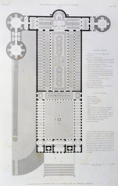 Diseño restaurado de la Antigua Basílica construida por el Emperador Constantino, grabado de El Vaticano y la Basílica de San Pedro de Paul Marie Letarouilly