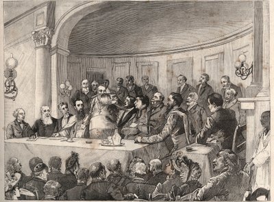 El Congreso Antiesclavista celebrado en París los días 21, 22 y 23 de septiembre de 1890 en la Sociedad de Geografía en presencia de Jules Simon, Emile Keller y Monseñor Lavigerie. Grabado según el dibujo de Paul Merwart en “Le Monde Illustré” de 1890. de Paul Merwart