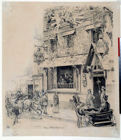 Vista de la entrada al Cabaret du Chat Noir. Dibujo a tinta de Paul Merwart siglo XIX París, Museo Carnavalet de Paul Merwart