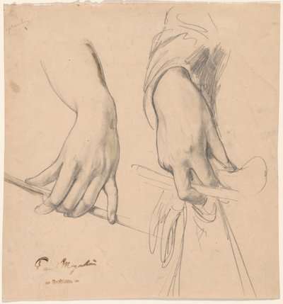 Una mano izquierda sosteniendo un bastón y una mano derecha sosteniendo un guante y un látigo de montar(?) de Paul Meyerheim