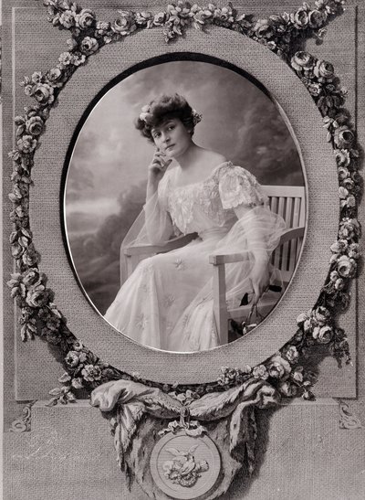 Retrato de una dama sentada en un banco ovalado en un fondo decorado con flores de Paul Nadar