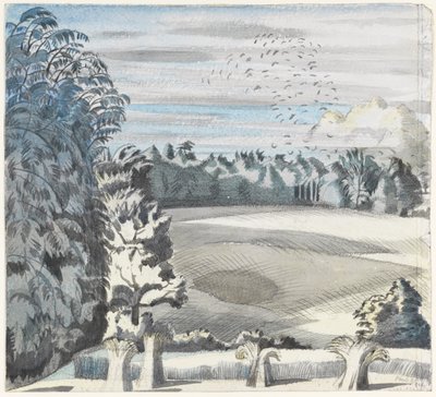 Paisaje con grajos, c.1913-14 (tiza negra y acuarela sobre papel) de Paul Nash