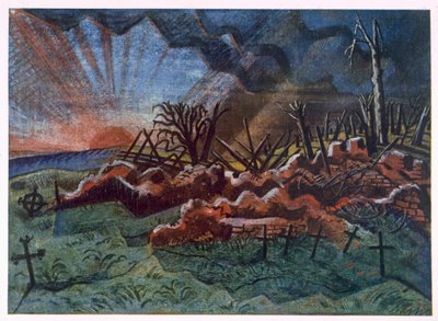 Amanecer, ruinas de un hospicio, al noroeste de Wytschaete, destruido por el bombardeo en 1917, de British Artists at the Front, Continuation of The Western Front, Part Three, Paul Nash de Paul Nash