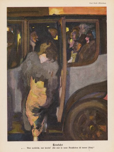 Mujer entrando en un coche para volver a casa después de una noche de fiesta (litografía en color) de Paul Rieth