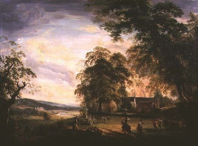 Vista del castillo de Arundel con campesinos festejando junto a una granja de Paul Sandby
