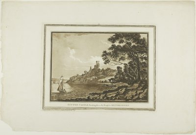 Castillo de Benton mirando hacia Milford Haven, de Doce vistas en aquatinta de dibujos tomados en el lugar en el sur de Gales de Paul Sandby