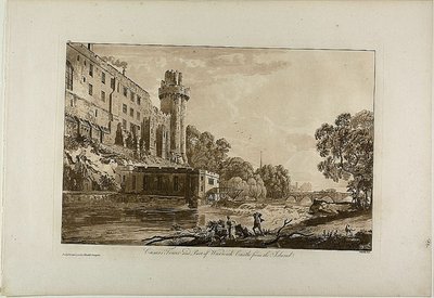 Torre de César y parte del castillo de Warwick desde la isla, placa tres de Vistas del castillo de Warwick de Paul Sandby