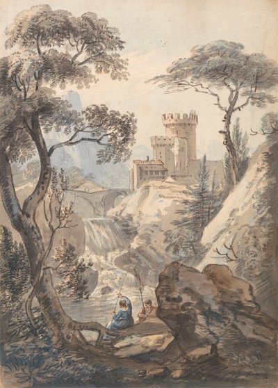 Paisaje italianizante con castillo, cascada y pescadores de Paul Sandby