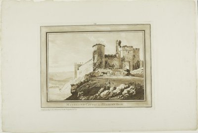 Castillo de Manerbawr en Pembroke Shire, de Doce vistas en aquatinta de dibujos tomados en el lugar en Gales del Sur de Paul Sandby