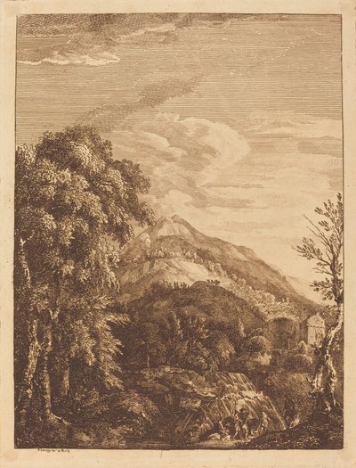 Paisaje montañoso con una cascada, torre redonda, castillo y bandidos de Paul Sandby