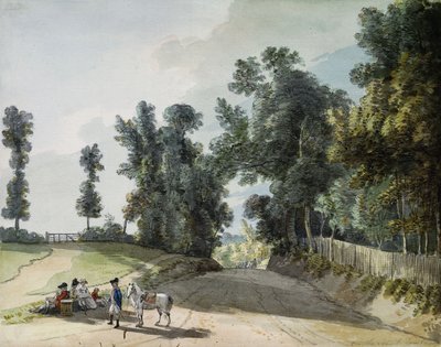 En el camino a Tonbridge: Viajeros descansando en una banda al lado del camino de Paul Sandby