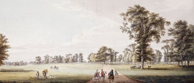 Jinetes en una avenida en el parque de Luton, con figuras en un faetón y campesinos a la izquierda de Paul Sandby