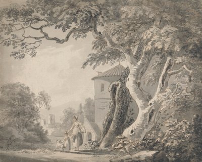 Paisaje romántico con figuras y un perro de Paul Sandby