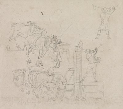 Estudios de un carretero bombeando agua para sus caballos de Paul Sandby
