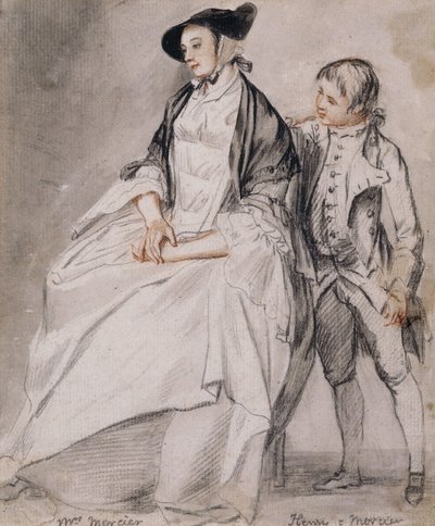 Estudio de la Sra. Mercier sentada en una silla, y su hijo menor, Henry Mercier, de pie detrás de ella de Paul Sandby