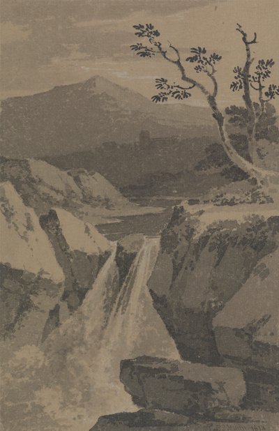 Cascada y montañas lejanas de Paul Sandby Munn
