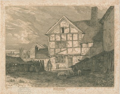 Wolverhampton - Ruinas de una casa de entramado de madera: grabado en acero, nd [c 1815] de Paul Sandby Munn